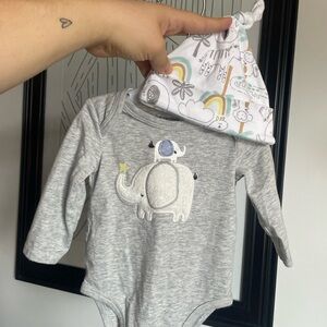 3/$12 Grey Elephant Appliqué Long-Sleeve One-Piece with Rainbow Hat